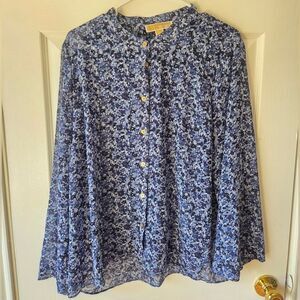 Michael Kors Floral Blouse XL Blue Button Up Long Sleeves Gold Buttons